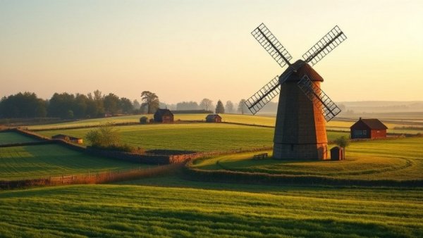 Historic windmill in serene rural landscape under clear sky.