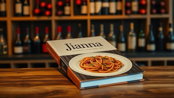 Jianna cookbook against wine cellar backdrop, showcasing pasta dish.