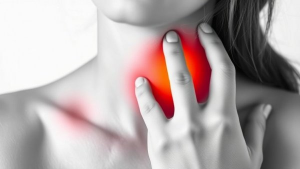 Monochrome woman indicating hypothyroidism symptoms with highlighted throat.