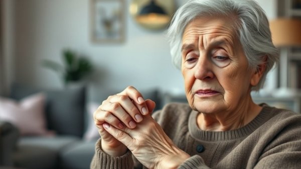 Elderly woman holding her hand in discomfort, Rheumatoid Arthritis.
