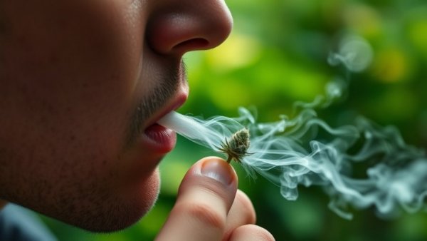 Close-up of a person smoking cannabis joint, lush green background.