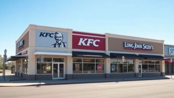 KFC and Long John Silver's storefront under clear blue sky.