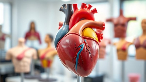 Anatomical heart model illustrating atrial fibrillation symptoms and stroke risks.
