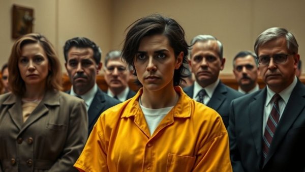 Illinois courtroom scene with individuals present, including a person in a yellow jumpsuit.