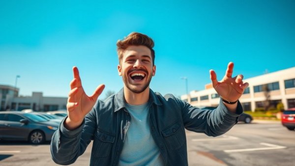 Happy scene in Ono Hawaiian BBQ Maricopa parking lot with joyful gesturing.