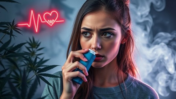 Young woman using inhaler in cannabis environment with medical graphics.