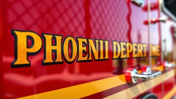 Phoenix Fire Dept logo on red fire truck, shining surface.