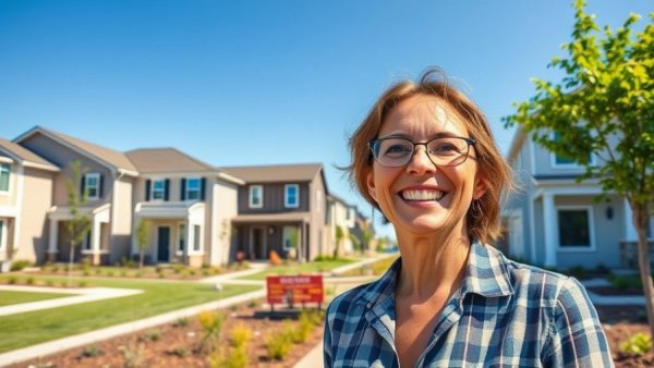 Modern affordable new construction homes in Phoenix with cheerful woman.
