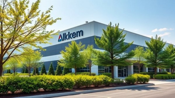 Alkem Lab building, GST Demand scene, surrounded by lush greenery.