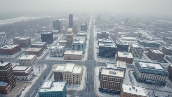 Snowy Greenville cityscape post-ice storm, serene urban view.