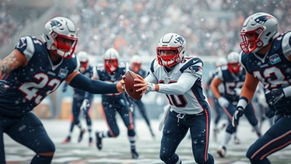 New England Patriots football in snowfall, intense Super Bowl action.