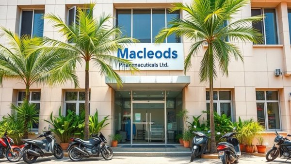 Macleods Pharmaceuticals building with sign and motorcycles