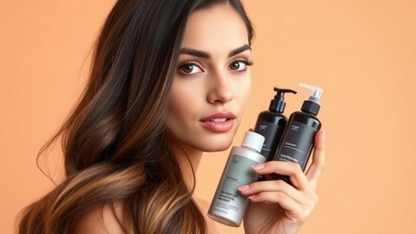 Woman with hair products for best treatments for damaged hair, soft peach backdrop.