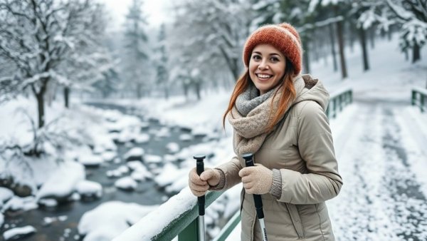 Woman enjoying Greenville ice storm fun on snowy bridge.