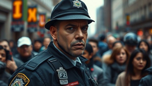 Federal agent in tactical gear in Minneapolis crowd.