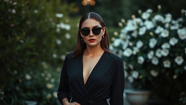 Elegant woman in sunglasses in flower garden, calm evening.