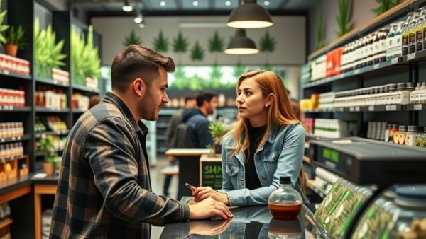 Young man at a modern cannabis store counter seeking advice.