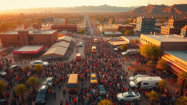 Aerial shot of crowd during HSI raids in Phoenix with cars and lights.