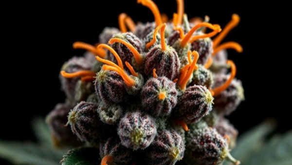 Blackberry Kush strain close-up with trichomes and orange pistils.