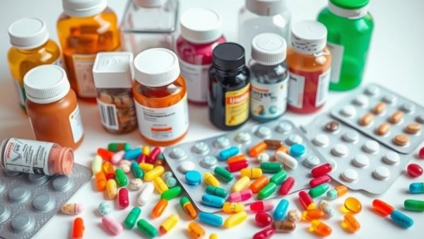 Variety of pharmaceuticals and antibiotics on a table, blue strip visible.