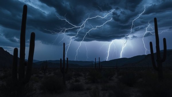Ominous stormy desert with cacti and lightning in Arizona
