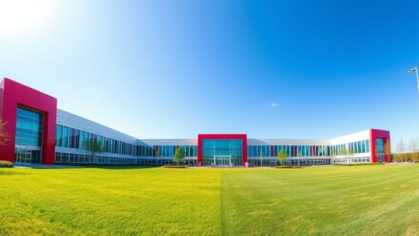 Panoramic view of Sloan Park expansion with large building and green lawn.