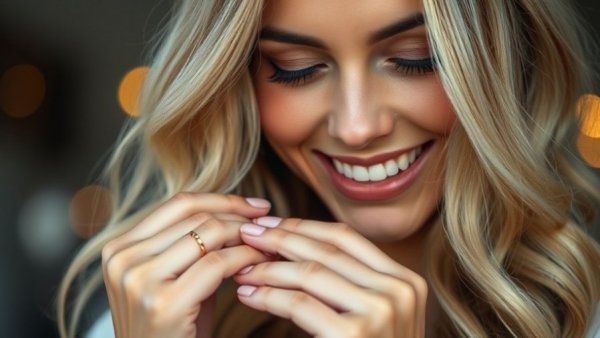 Smiling woman with gold ring Fine Gold Rings Valentine’s Day Gift