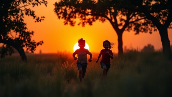 Children running at sunset symbolizes US life expectancy.