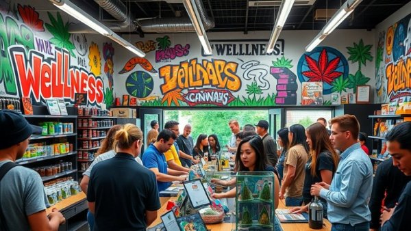 Budtender helping customers in a cannabis dispensary amid colorful decor.