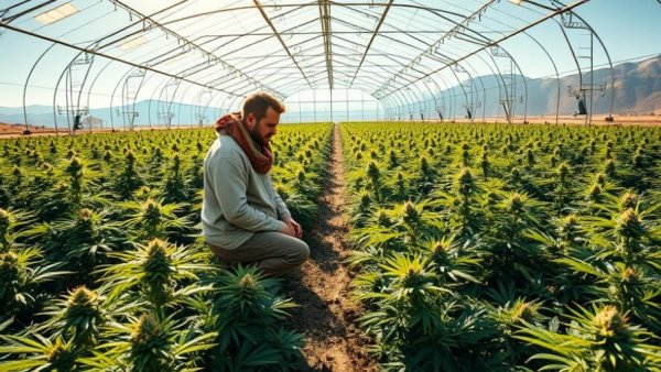 Cannabis farm inspection indoors with mountain view.
