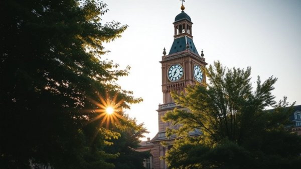 Texas clock tower symbolizing policy changes amid trees.