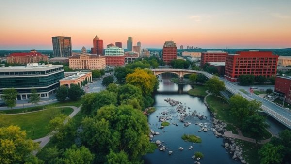 Aerial view of downtown Greenville SC skyline at sunset.