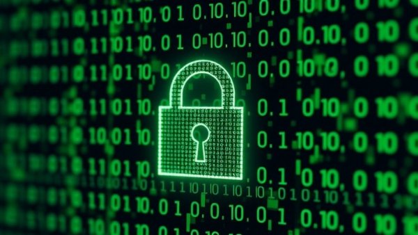 Digital padlock symbol in binary code, cannabis industry news.