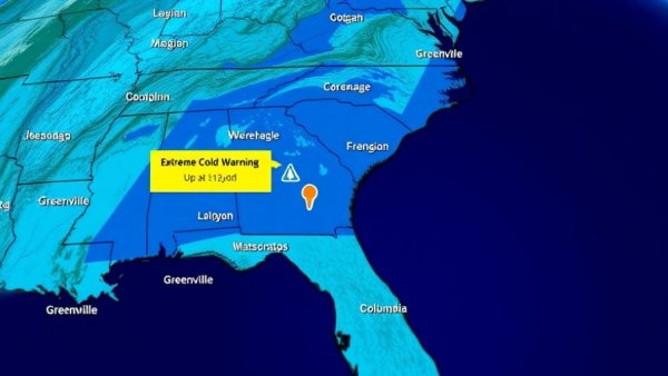 Extreme cold warning map in South Carolina showing affected areas.