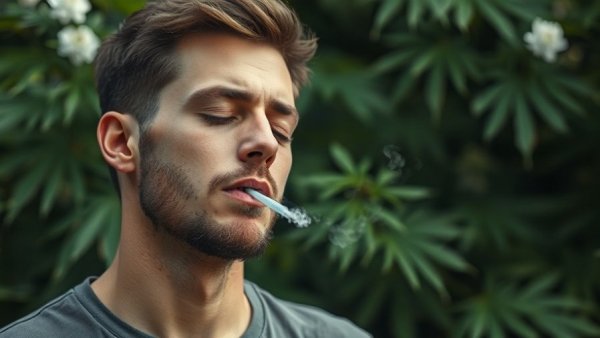 A man peacefully smoking cannabis outdoors with blurred green foliage.