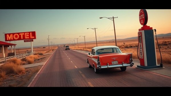Vintage Route 66 scene with classic car and neon sign.