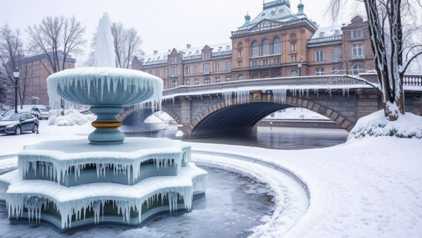 Greenville SC snow day with frozen fountain and snowy bridge.