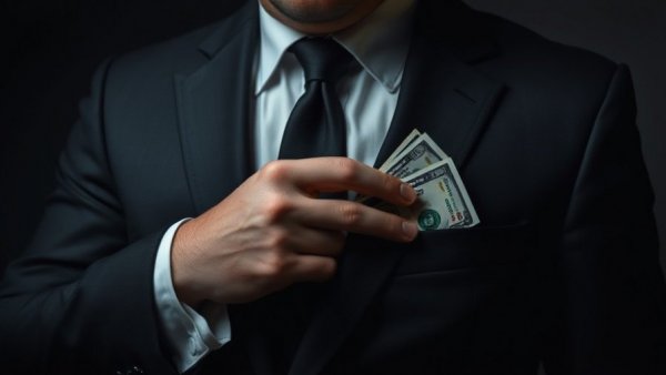 Secrecy in dark money and cannabis legalization, man hiding cash in suit.