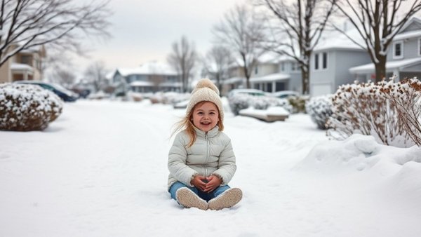 Joyful child enjoying snow in a suburban lakeside neighborhood.