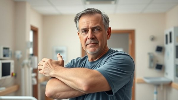 Man with rare elbow megaprosthesis showing arm movement in a hospital.