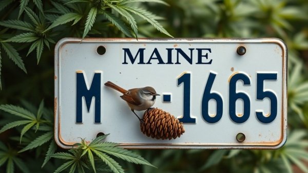 Maine license plate with nature design, symbolizing marijuana legalization efforts.