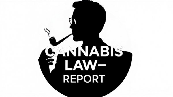 Monochrome logo for cannabis law report, circular design.