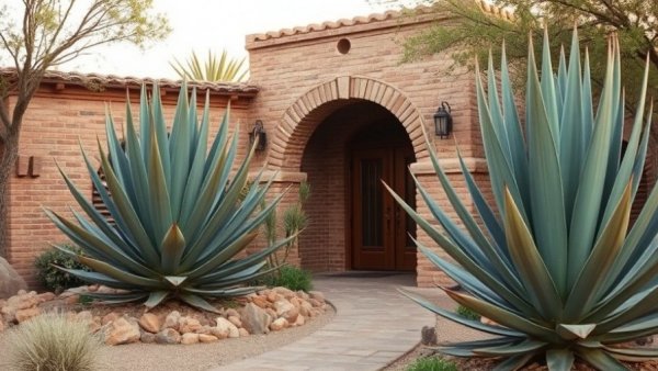 Rustic house facade with agave plants in a rocky garden.
