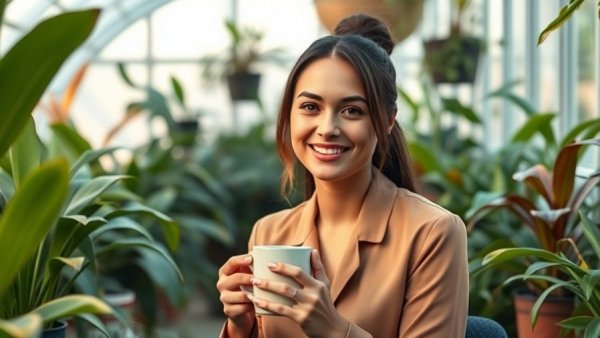 Relaxed professional in indoor garden holding a mug, ADA New Dentist Committee.