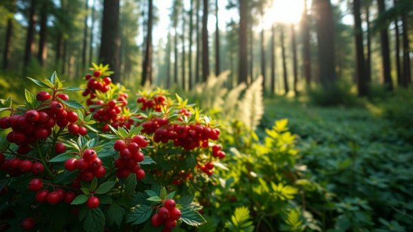 Lingonberry plants in a forest for fermented lingonberry juice