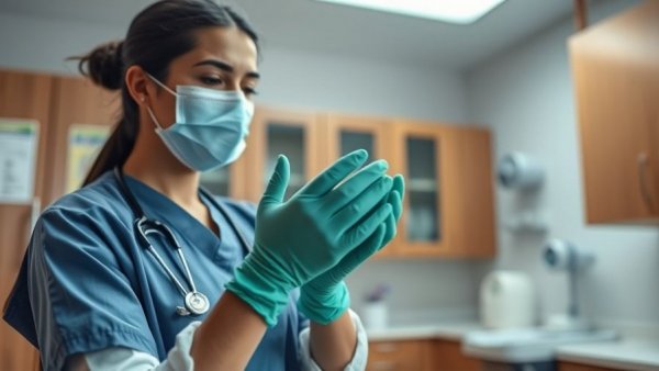 Healthcare worker dons MICROFLEX™ Neogard™ TOUCH 73-737 gloves in medical setting.