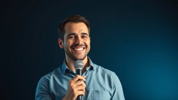 Dental business insurance discussion graphic with smiling man and microphone.