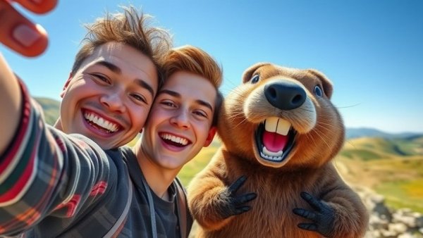 Joyful selfie with smiling beaver mascot celebrating World Oral Health Day.