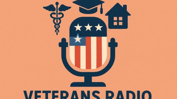 VA 100% benefit veteran radio show promotion with icons on salmon background.