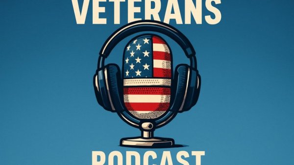 Veterans Radio podcast episode logo with patriotic microphone.